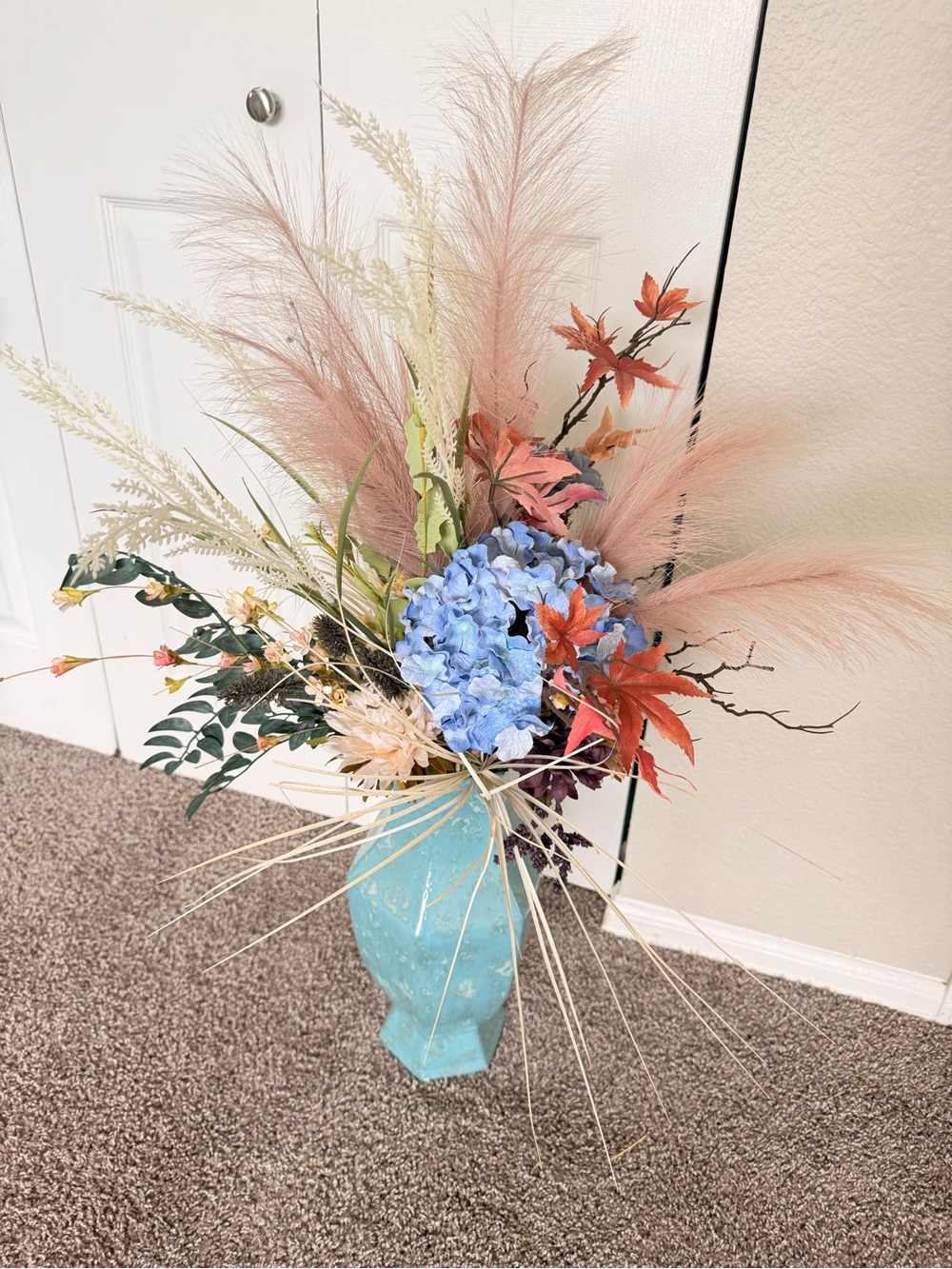 Turquoise Vase with Hand Crafted Faux Floral Bouquet